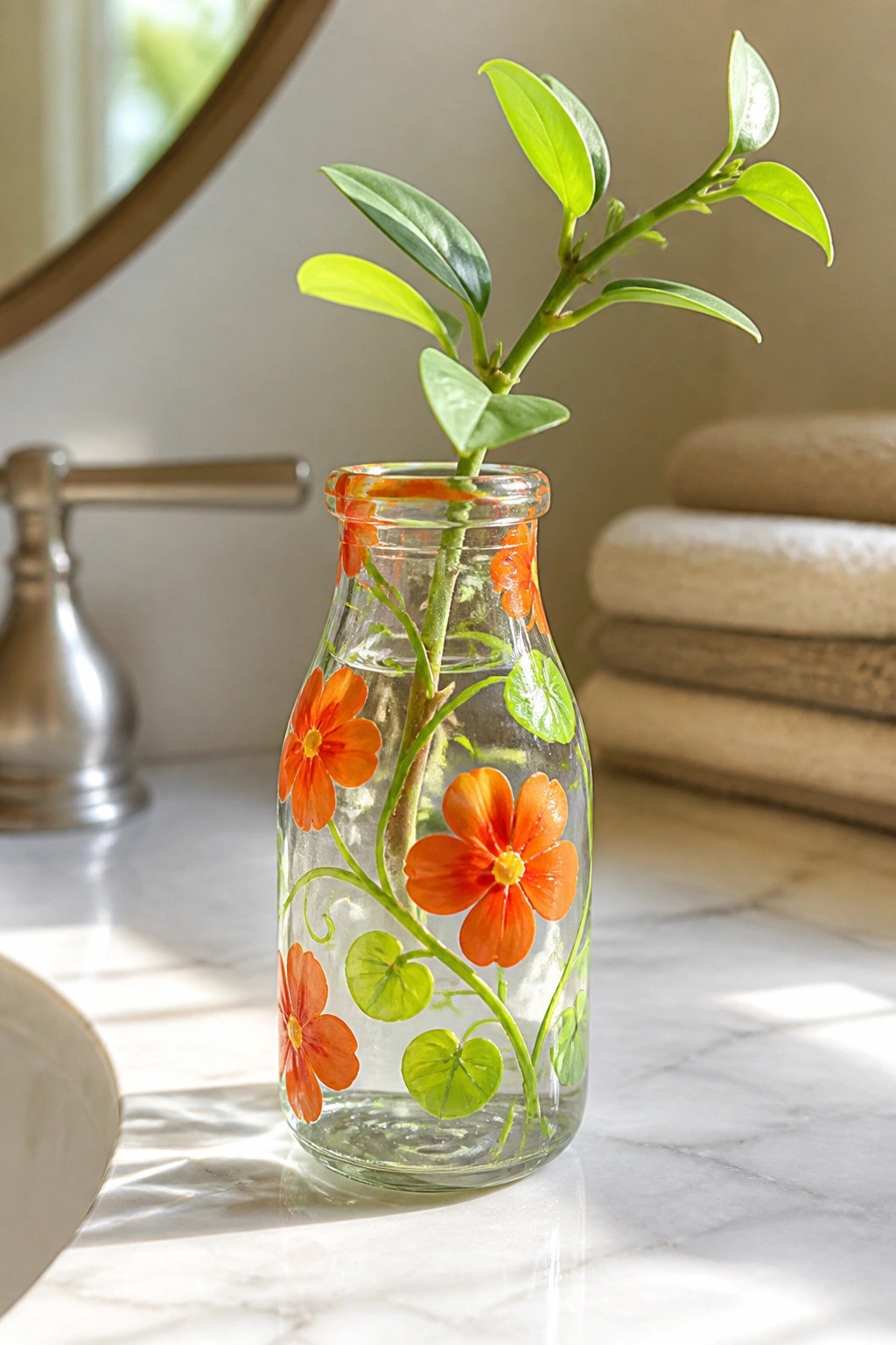 Glass bottle vase painted with orange flowers holding green plant on marble counter