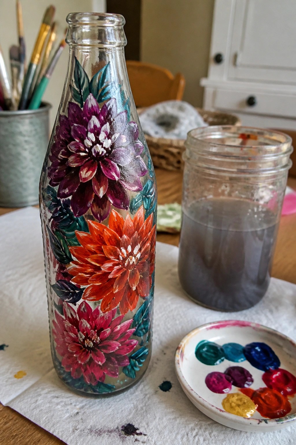 Painted glass bottle with purple, red, and orange flowers beside paint jar and palette.
