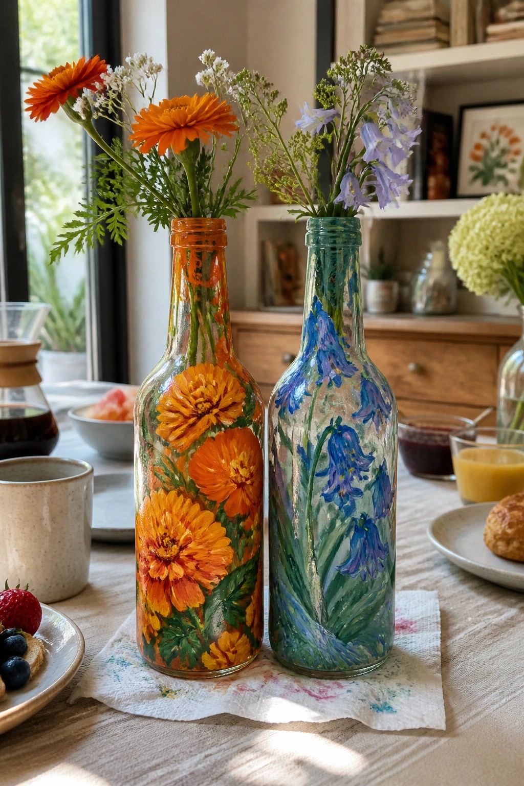 Two hand-painted glass bottles with orange and blue flowers on a breakfast table.