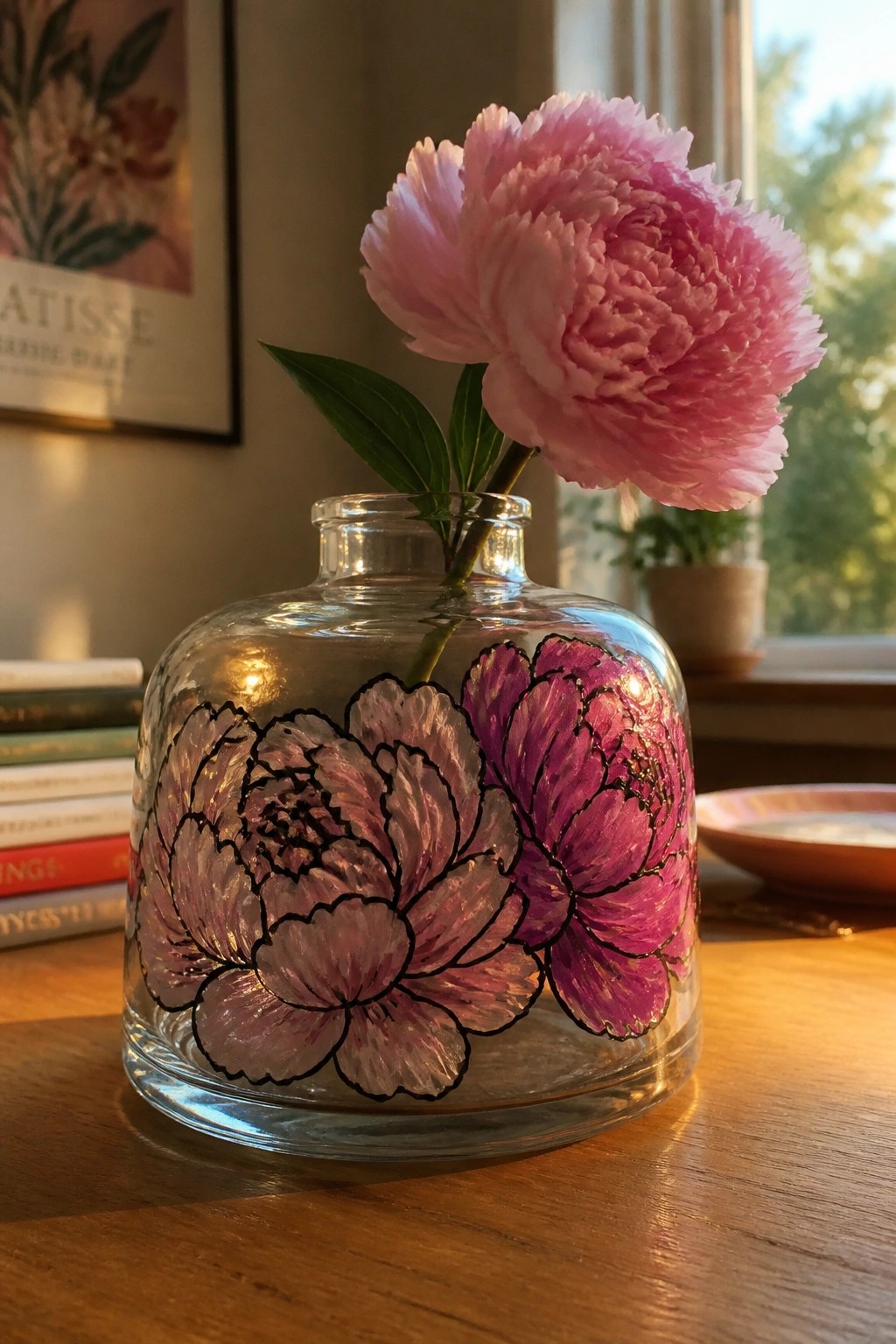Glass vase with painted peonies holding a blooming pink flower on wood