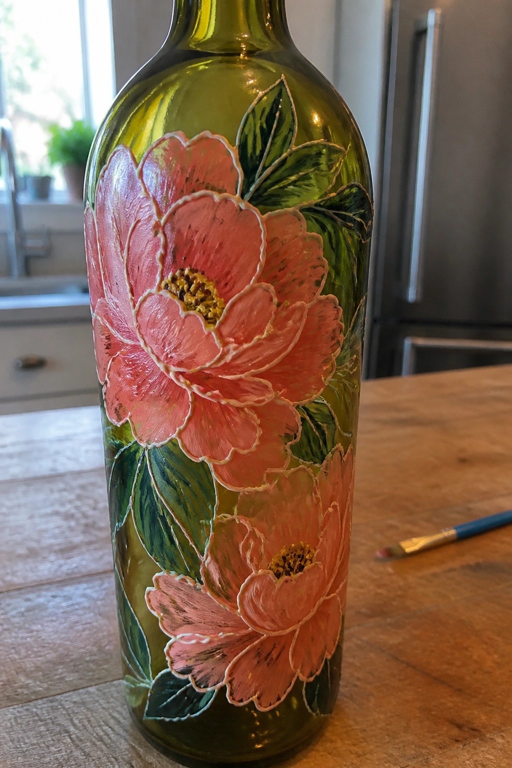 Green glass bottle hand-painted with pink flowers, green leaves on wooden table
