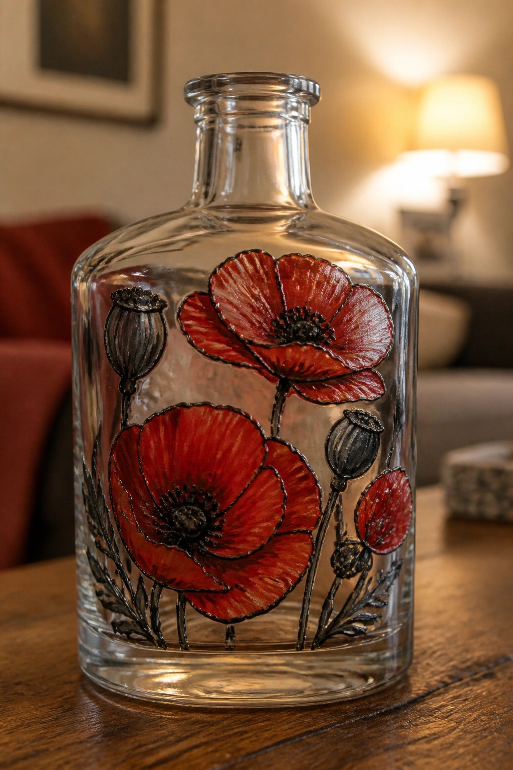 Clear glass bottle with vibrant red poppies, black stems, and buds on wood.