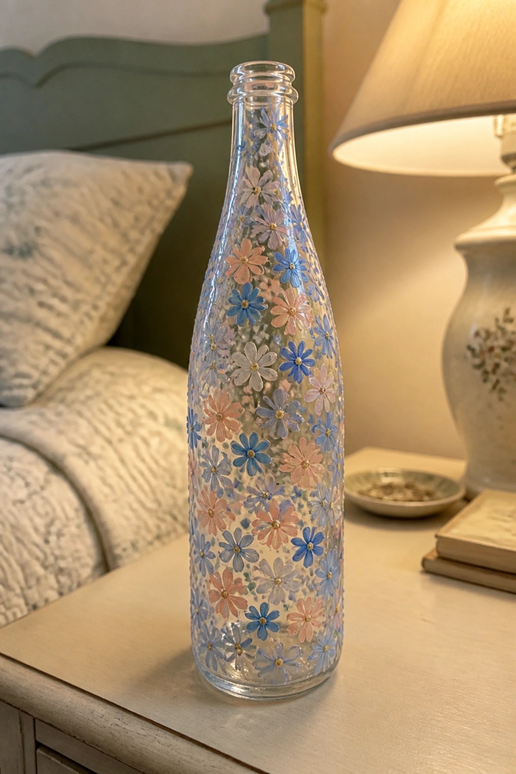 Decorated glass bottle with pink and blue flowers on bedside table