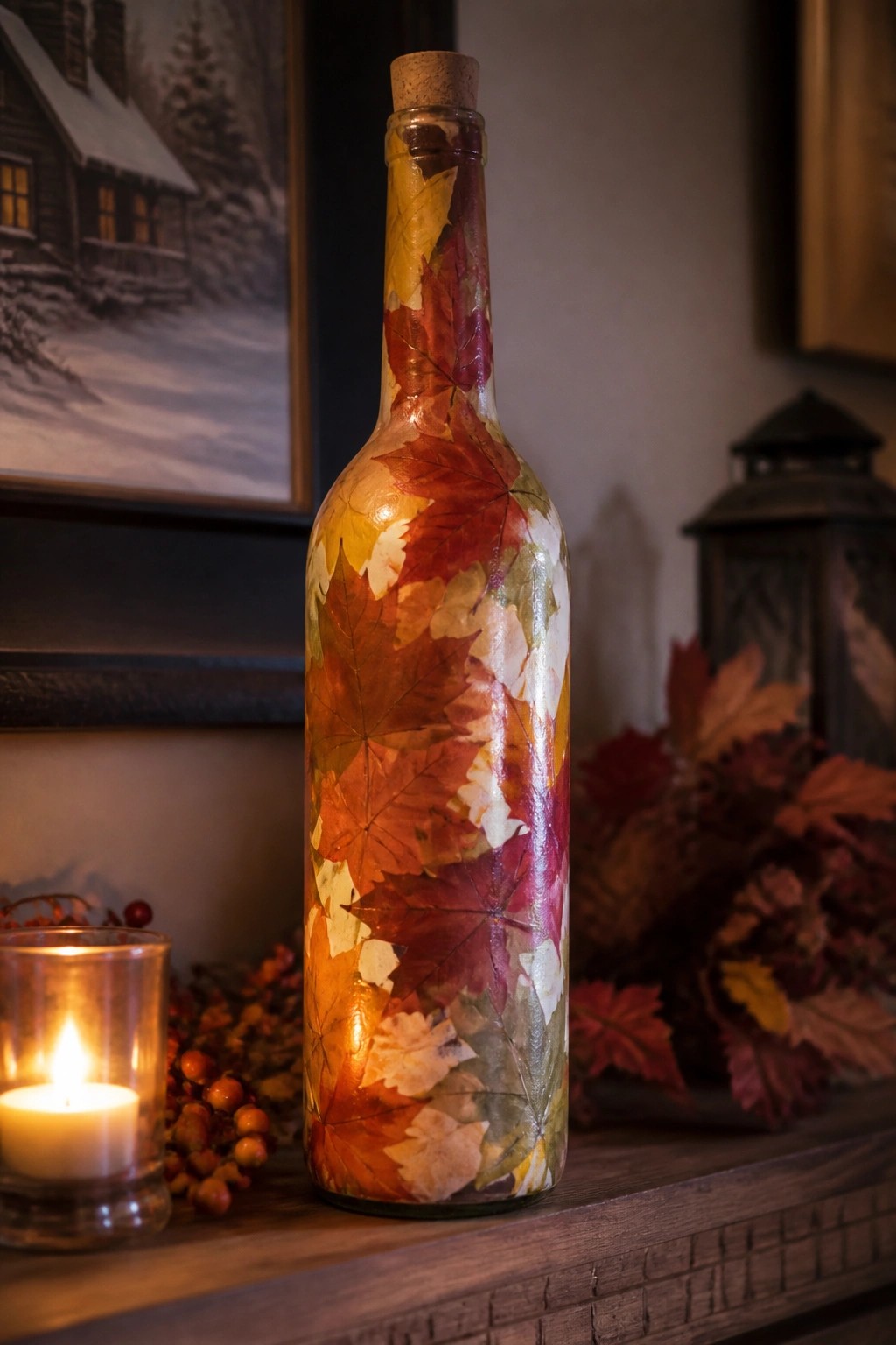 Autumn leaf-decorated bottle with cork beside lit candle on wooden mantel