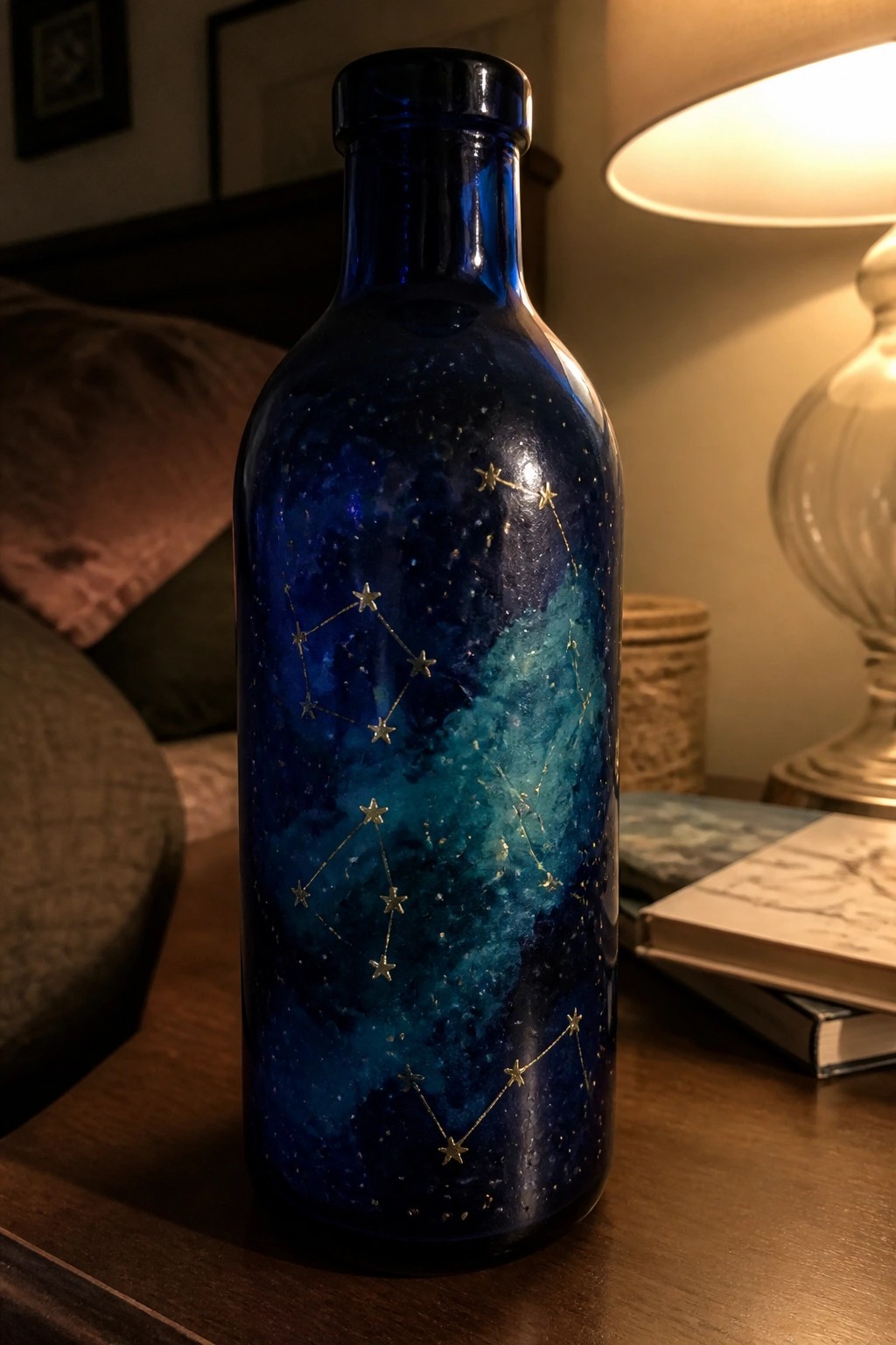 Blue glass bottle with golden constellations on wooden table beside lamp and books.