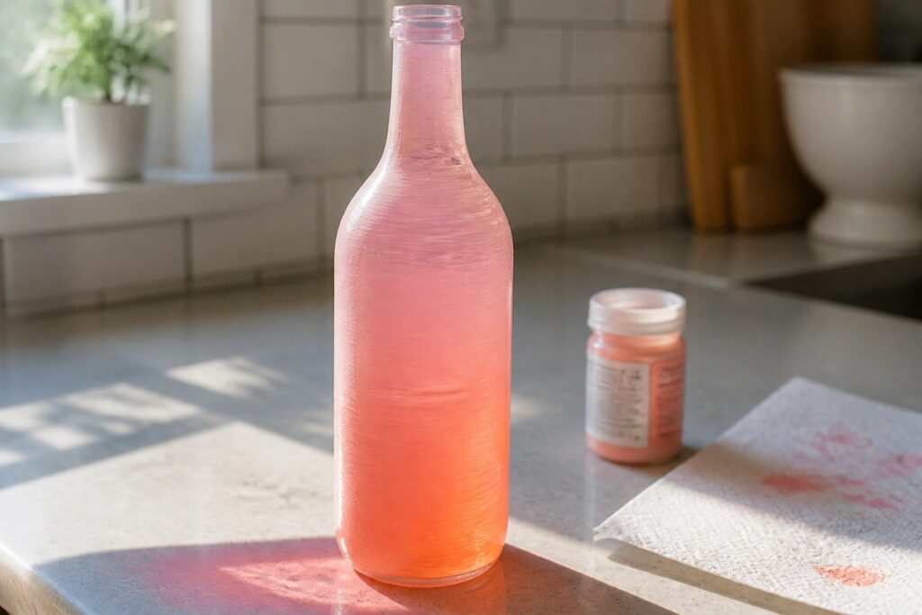 23 Creative Glass Bottle Painting Ideas That Turn Empty Bottles Into Home Decor Painted glass bottle with pink-to-orange gradient on kitchen counter beside paint jar