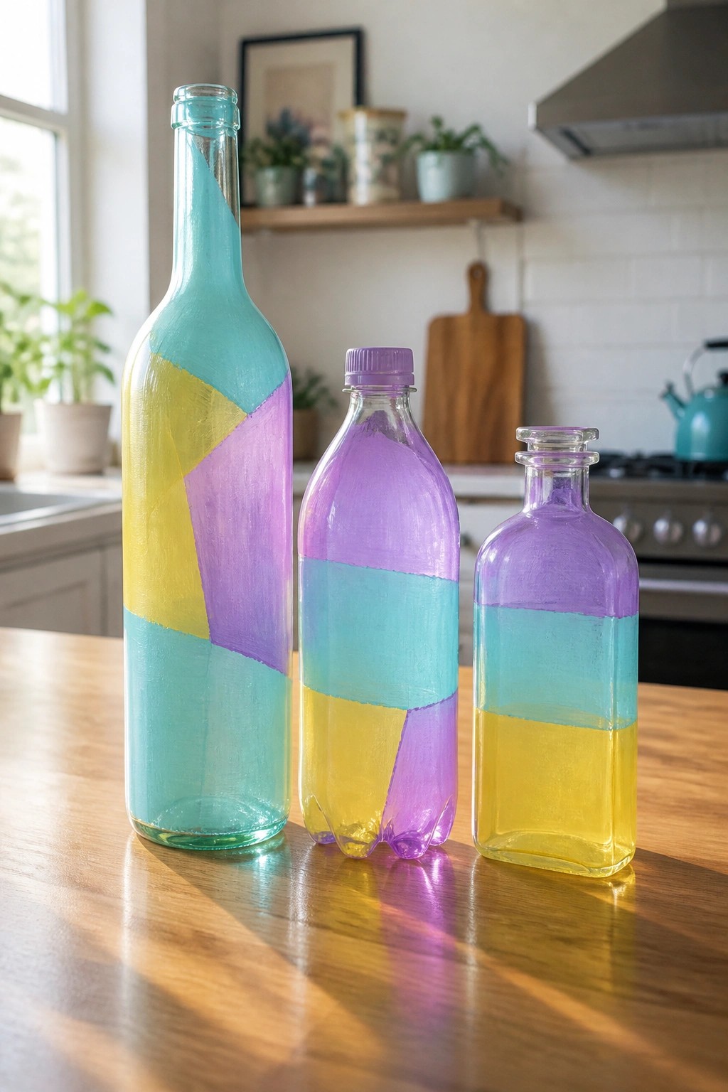 Three glass bottles with turquoise yellow purple geometric paint on wooden kitchen counter