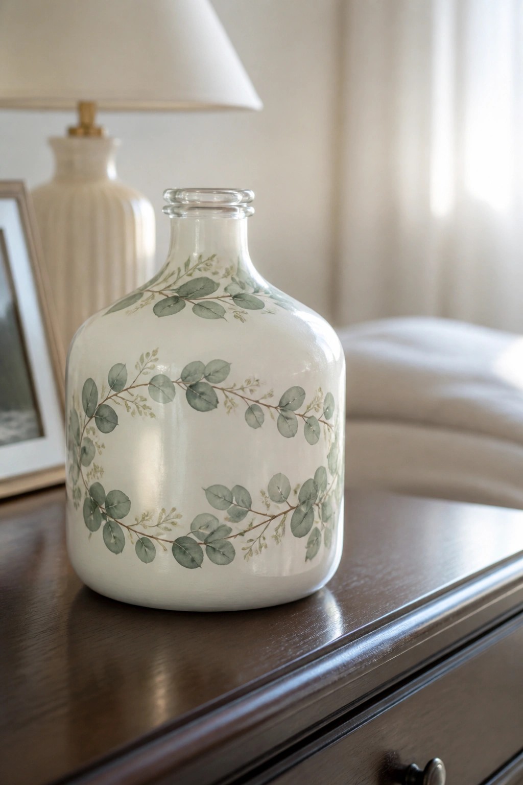 White glass bottle with green leaf garland on dark wooden dresser