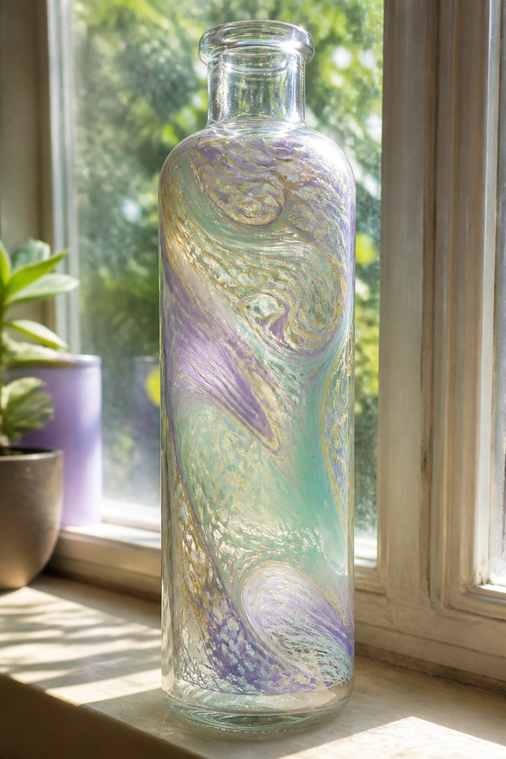 Colorful marbled glass bottle with purple, teal, and gold swirls on windowsill.