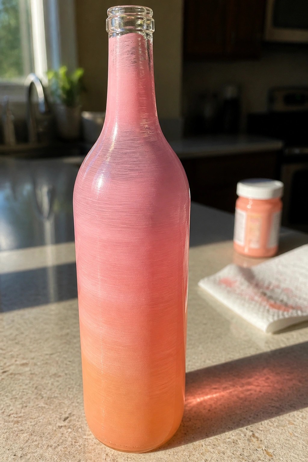 Painted glass bottle with pink-to-orange gradient on kitchen counter beside paint jar