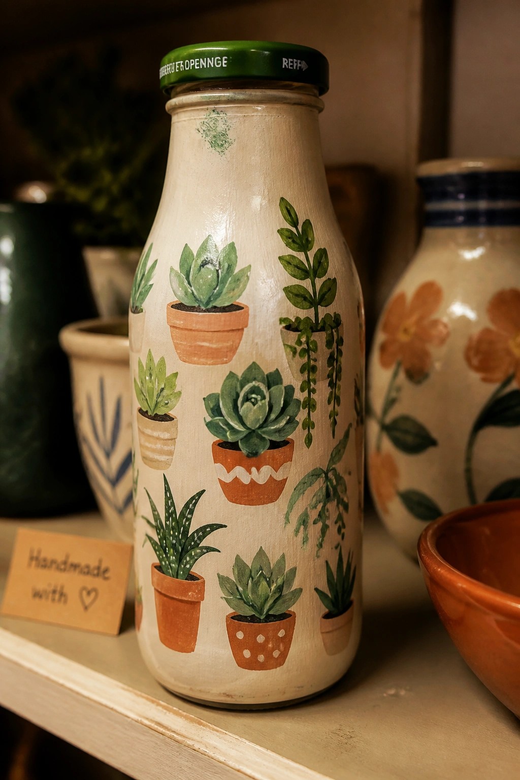 Painted bottle with potted succulents on shelf among ceramic pottery items.