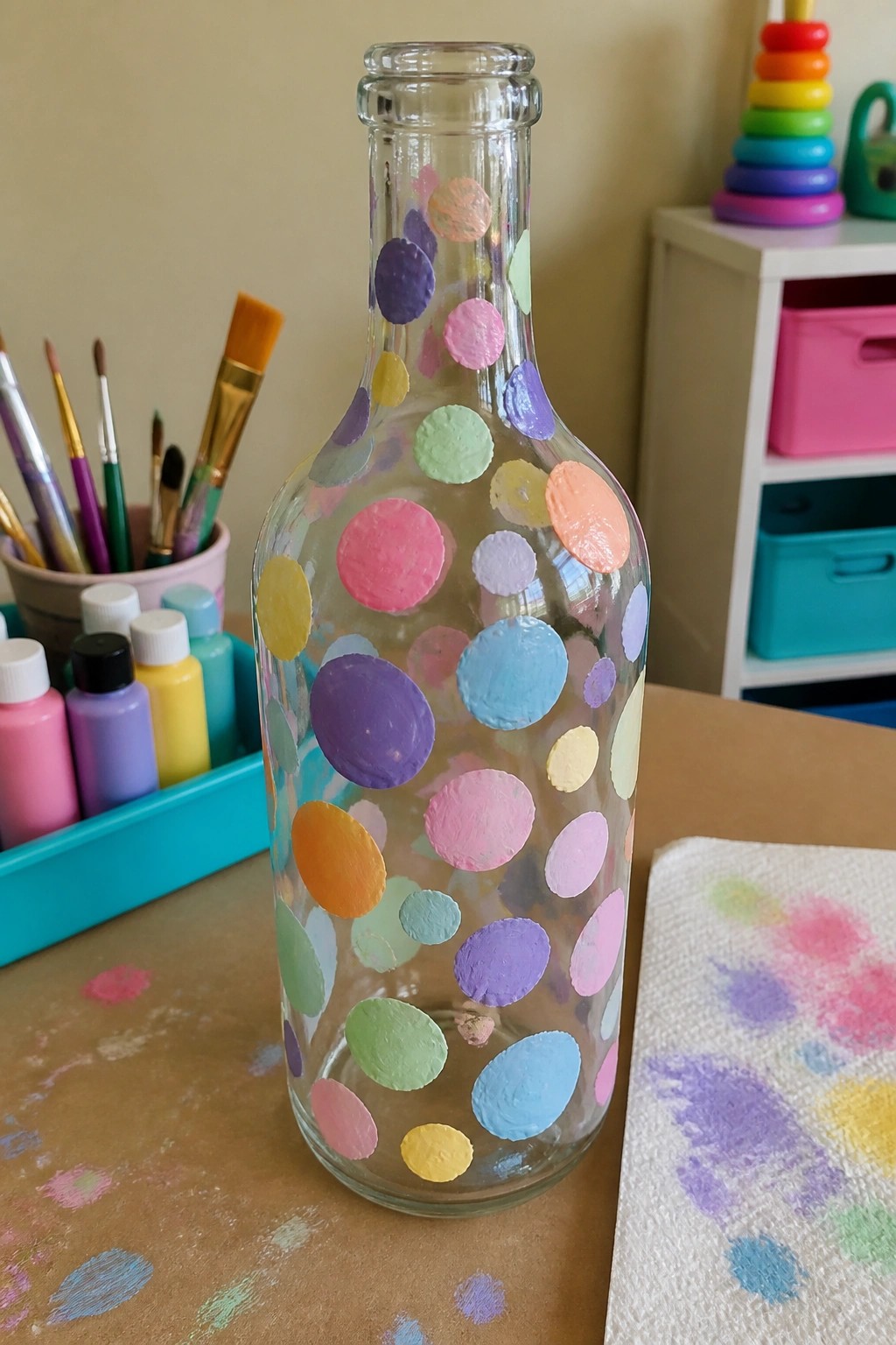 Glass bottle decorated with colorful paint dots amid art supplies on a table