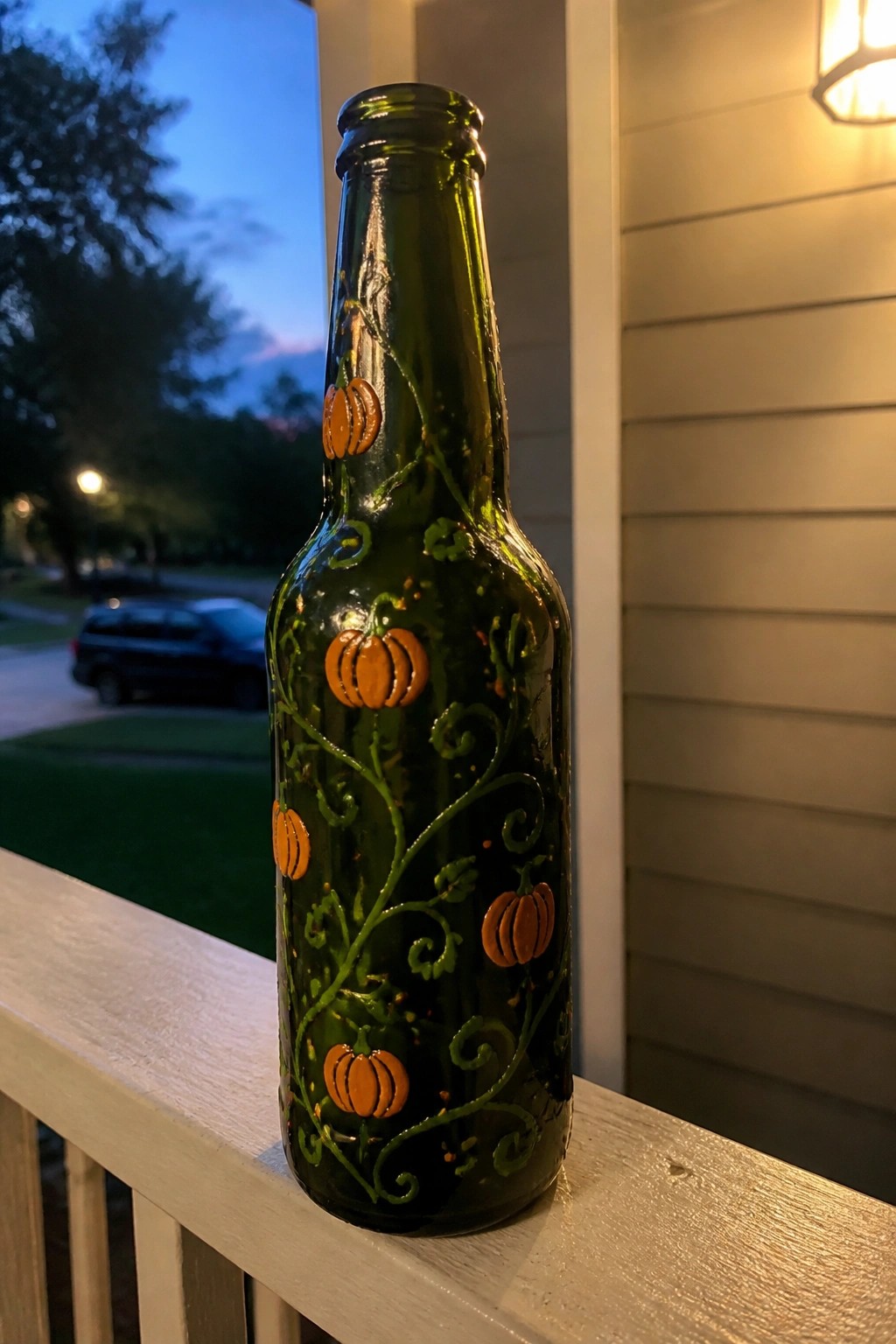 Green bottle painted with orange pumpkins and green vines on white porch railing at dusk