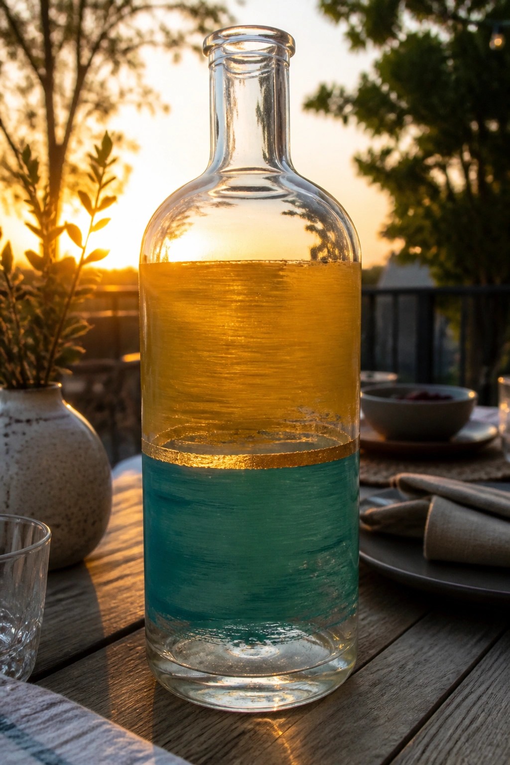 Glass bottle with yellow and turquoise liquids on wooden table at sunset