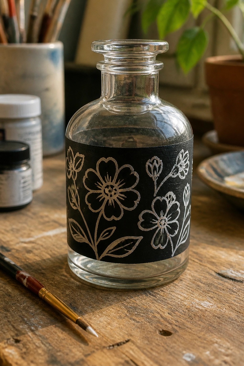 Glass bottle with black band of etched white flowers beside paintbrush on wood