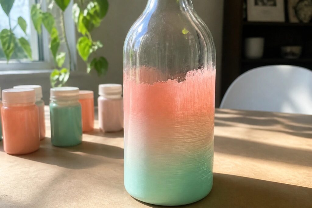 Glass bottle hand-painted with horizontal bands of orange, peach, and mint green
