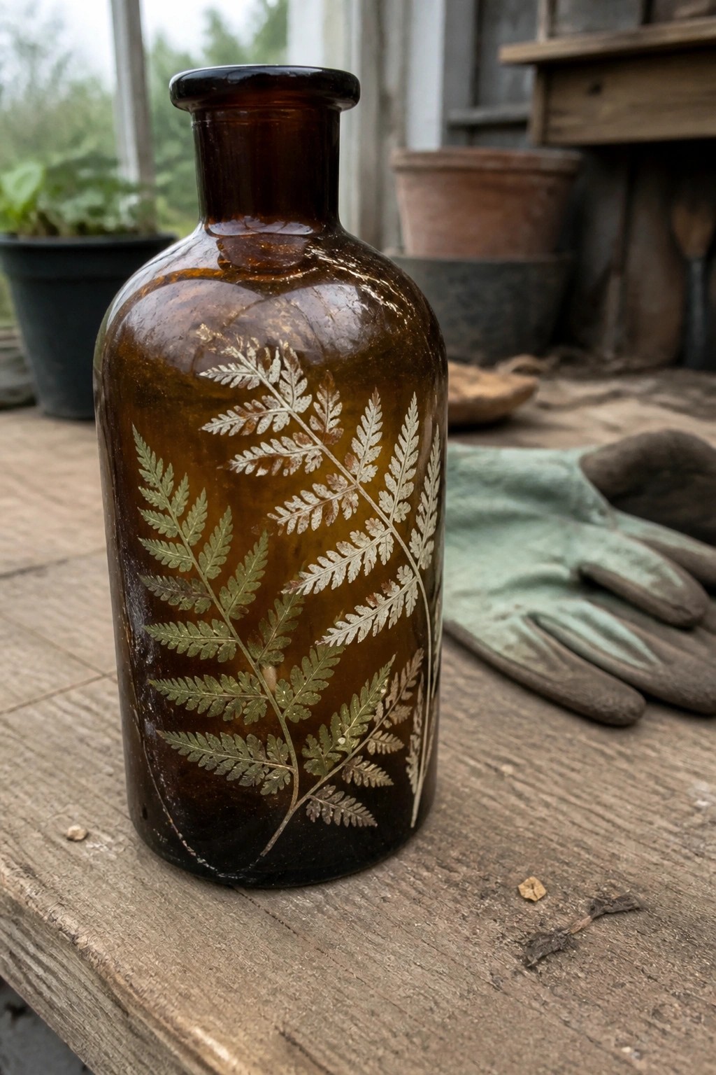 Brown glass bottle etched with fern leaves beside green glove on wooden table