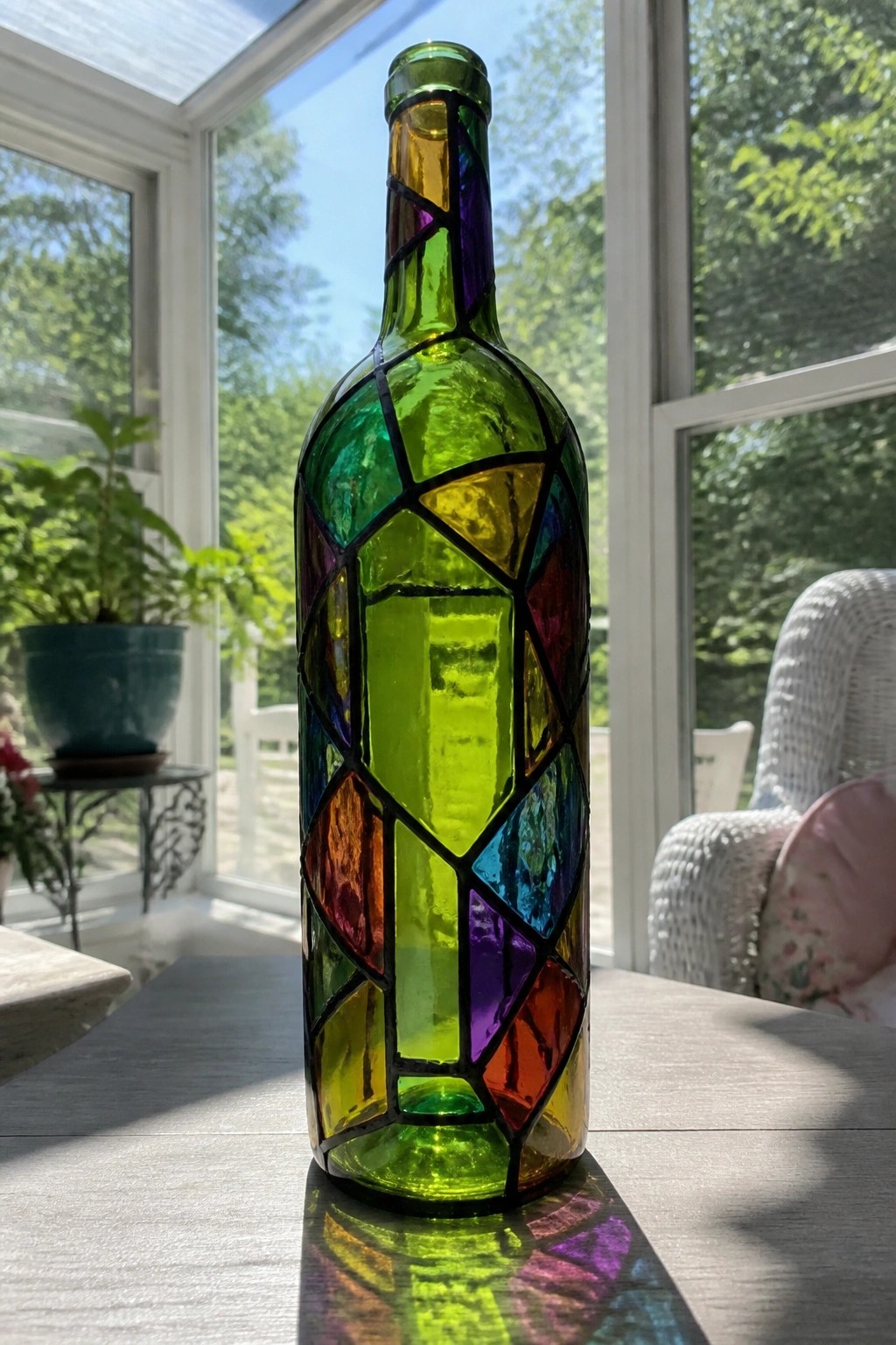 Stained glass mosaic bottle glowing in sunlight with rainbow reflections on table