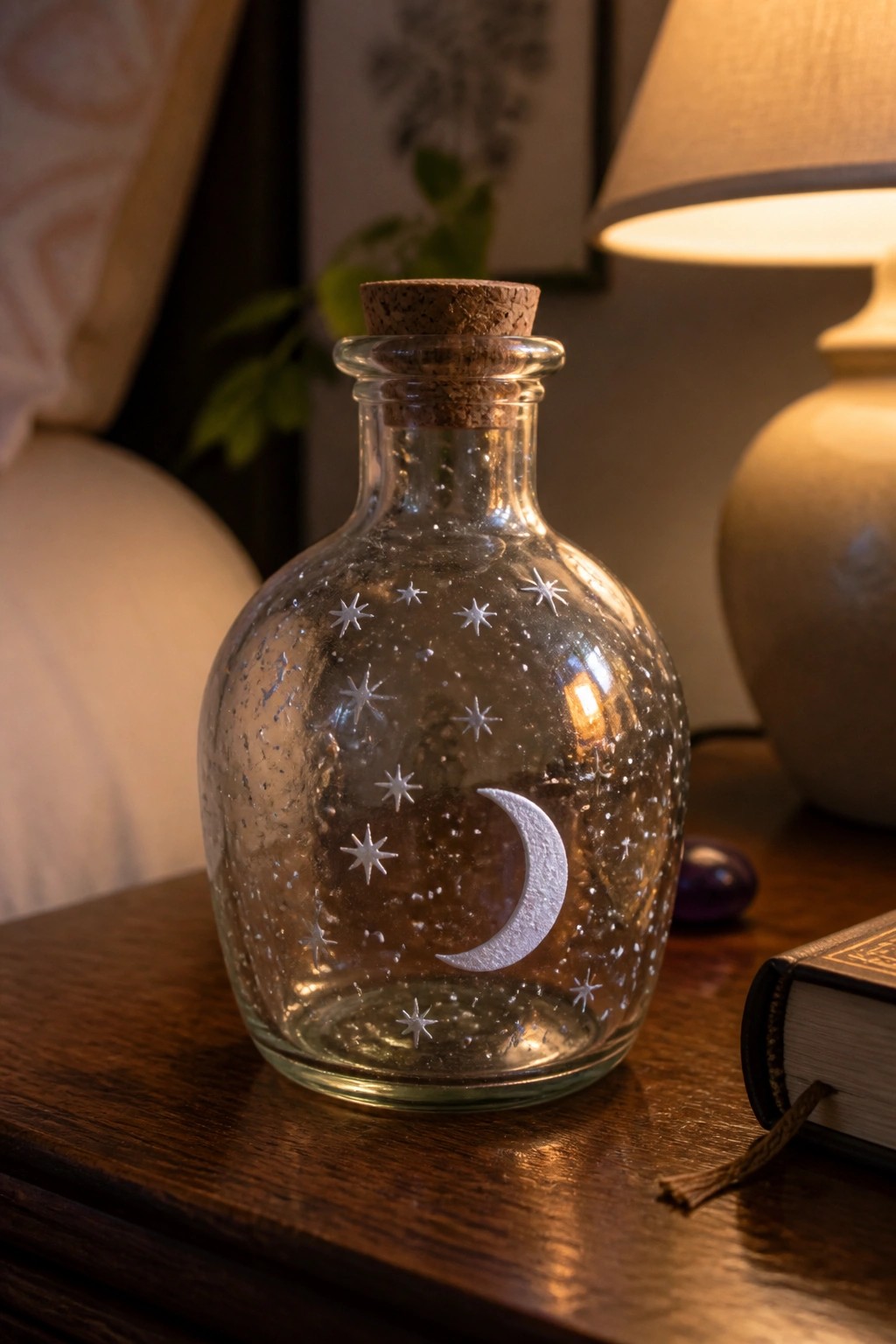 Corked glass bottle etched with crescent moon and stars on wooden table beside book