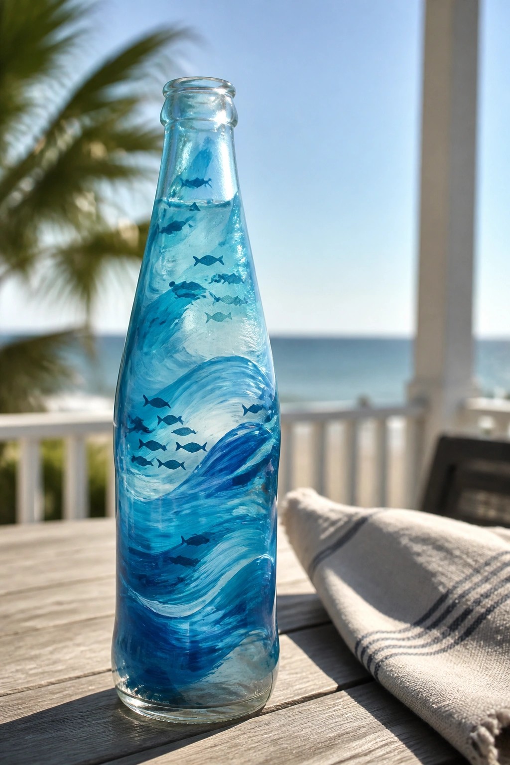 Painted glass bottle with blue waves and fish on wooden table by ocean