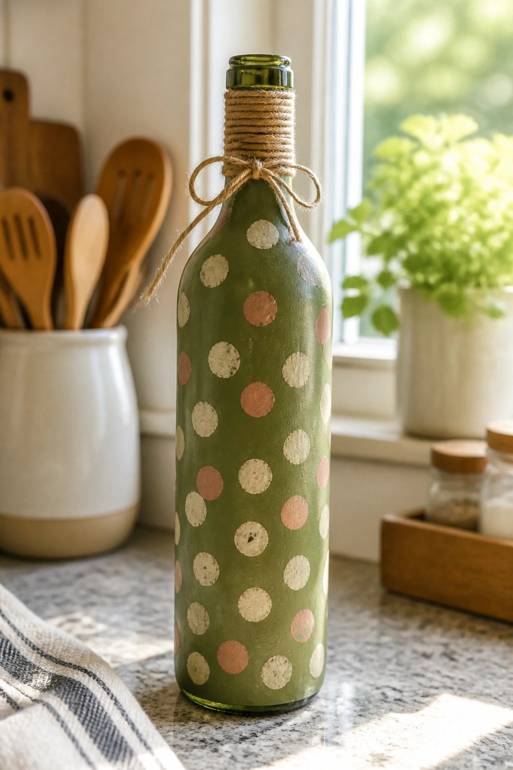 Green bottle painted with pink and white polka dots, twine bow on neck