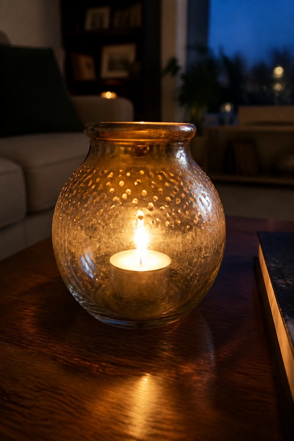 Lit tea light glowing inside textured amber glass holder on wooden table