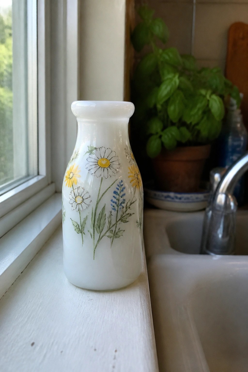 White milk bottle vase with yellow daisies and blue flowers on windowsill by sink