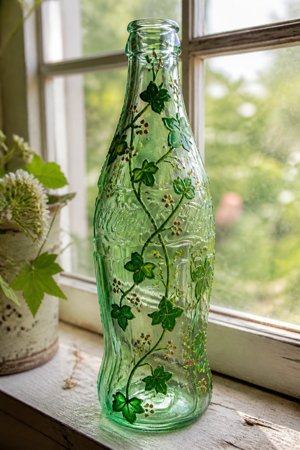 Green glass bottle with painted ivy vines on white wooden windowsill by window