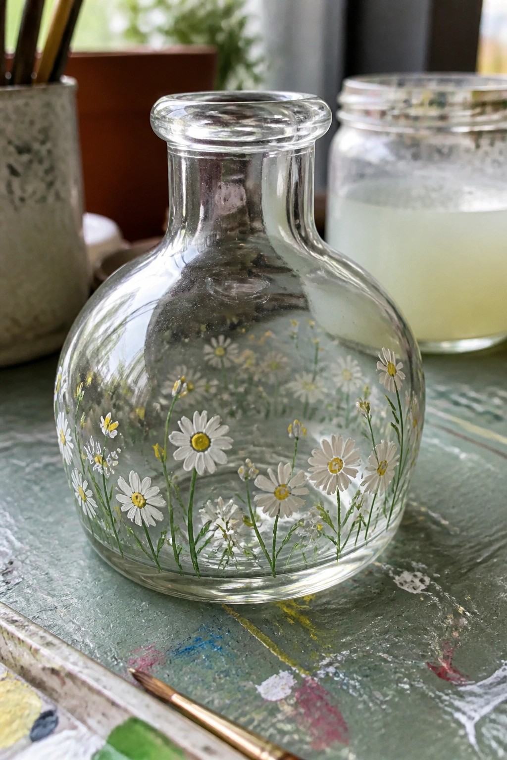 Glass vase hand-painted with white daisies on green wooden table
