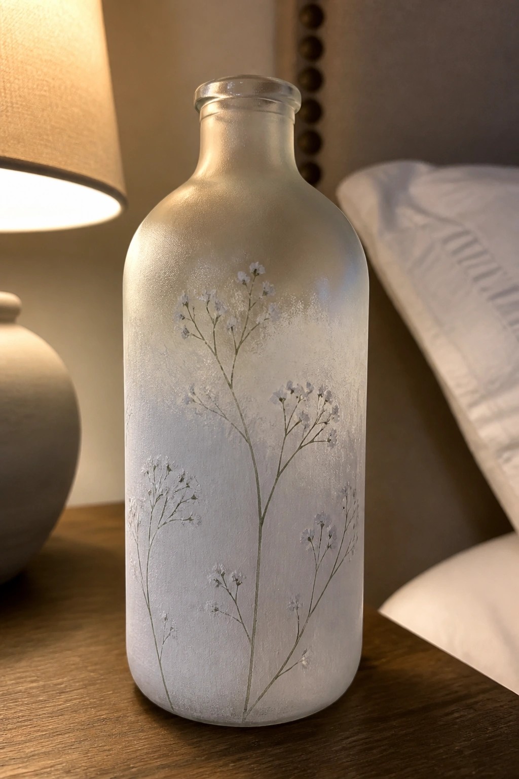 Frosted glass bottle with white floral designs on wooden nightstand near lamp