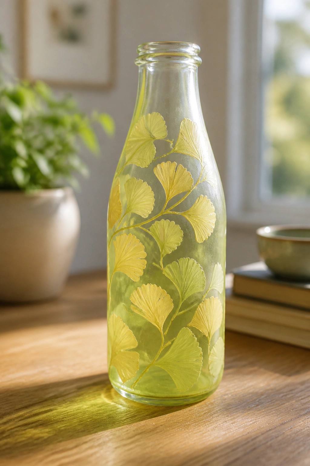 Glass bottle with yellow ginkgo leaves holding pale green liquid on wooden table