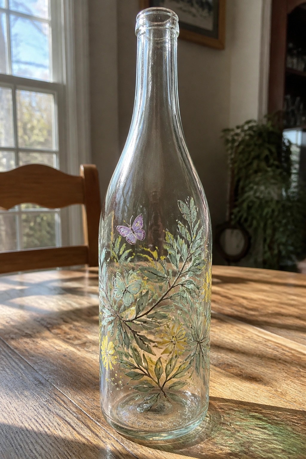 Clear glass bottle with green leaves, yellow flowers, and purple butterflies on wooden table.
