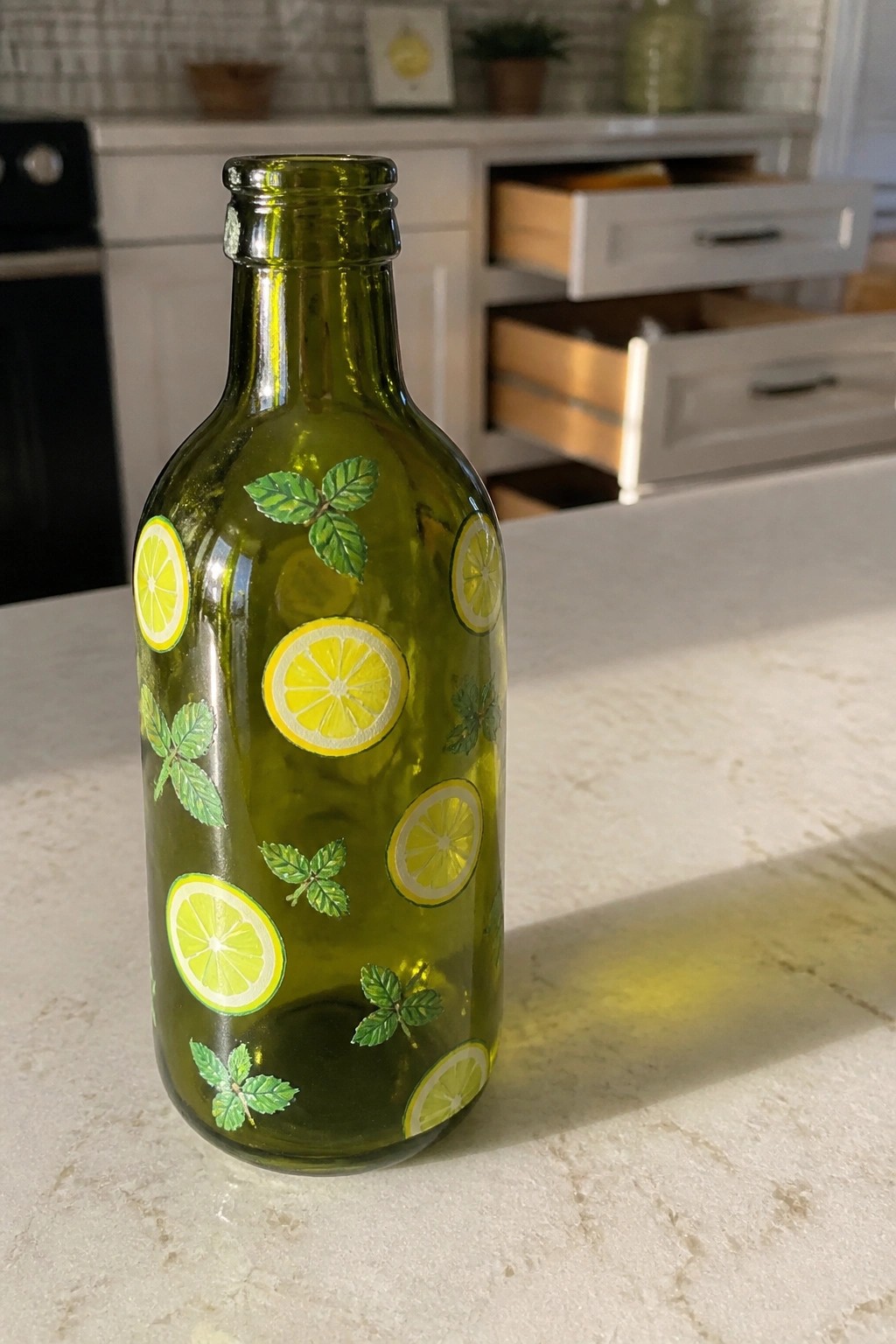 Green glass bottle with painted lemon slices and mint leaves on kitchen counter.