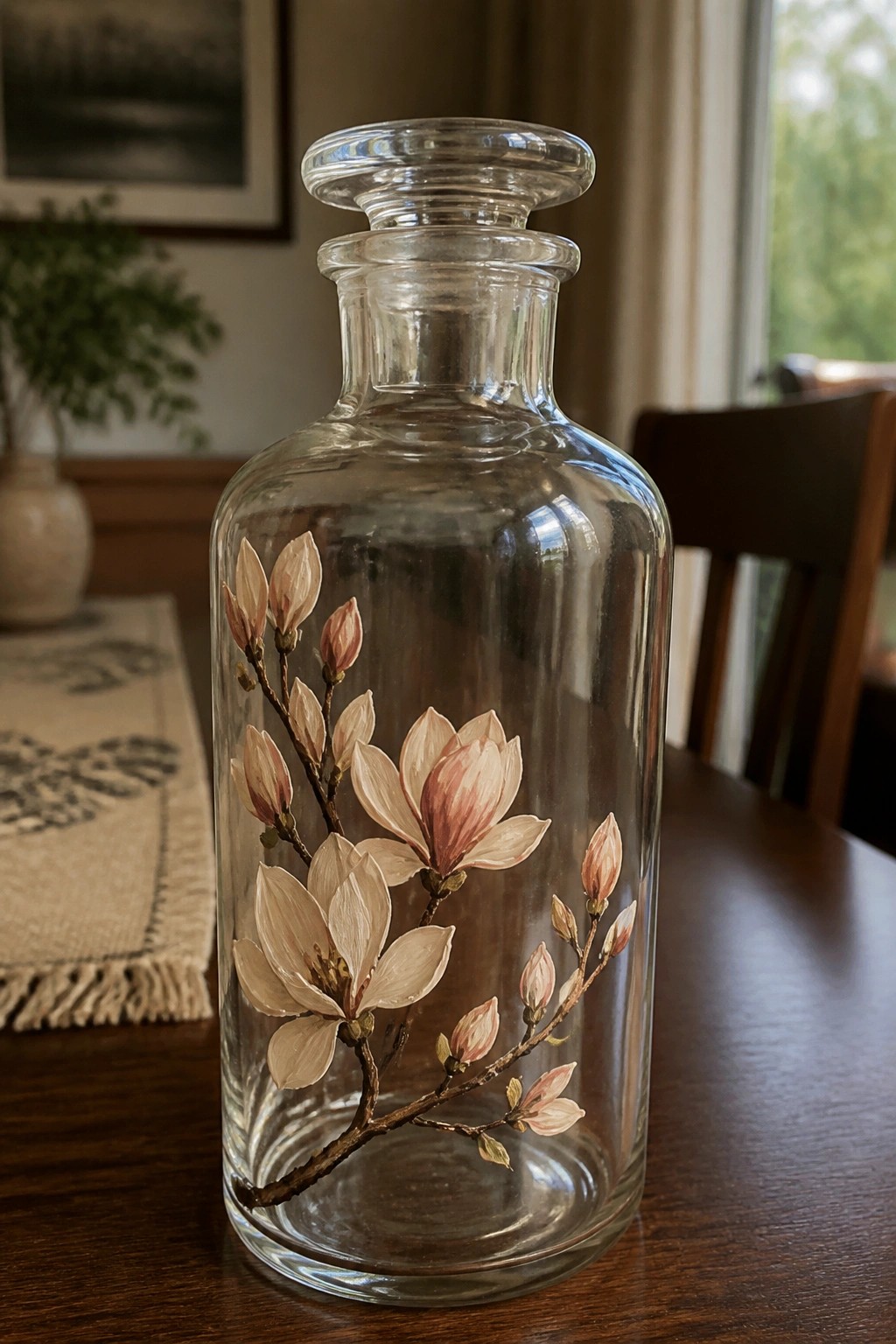Clear glass bottle painted with pink magnolia blossoms on wooden table