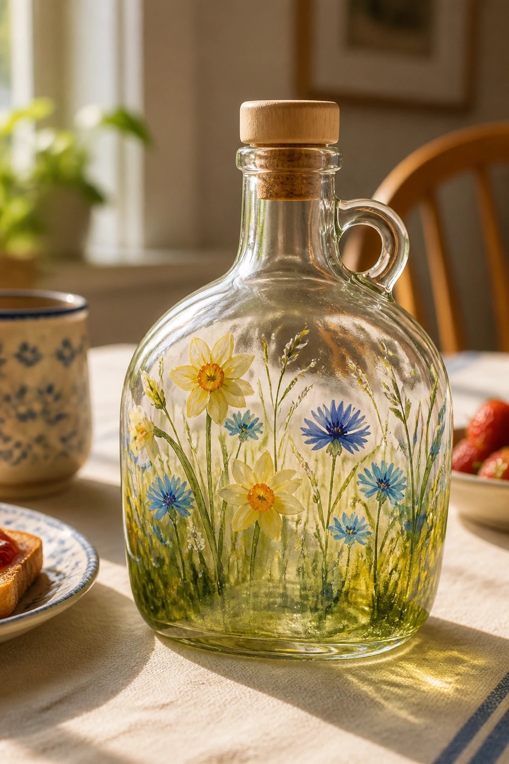 Glass jug painted with yellow daffodils and blue cornflowers on sunlit table