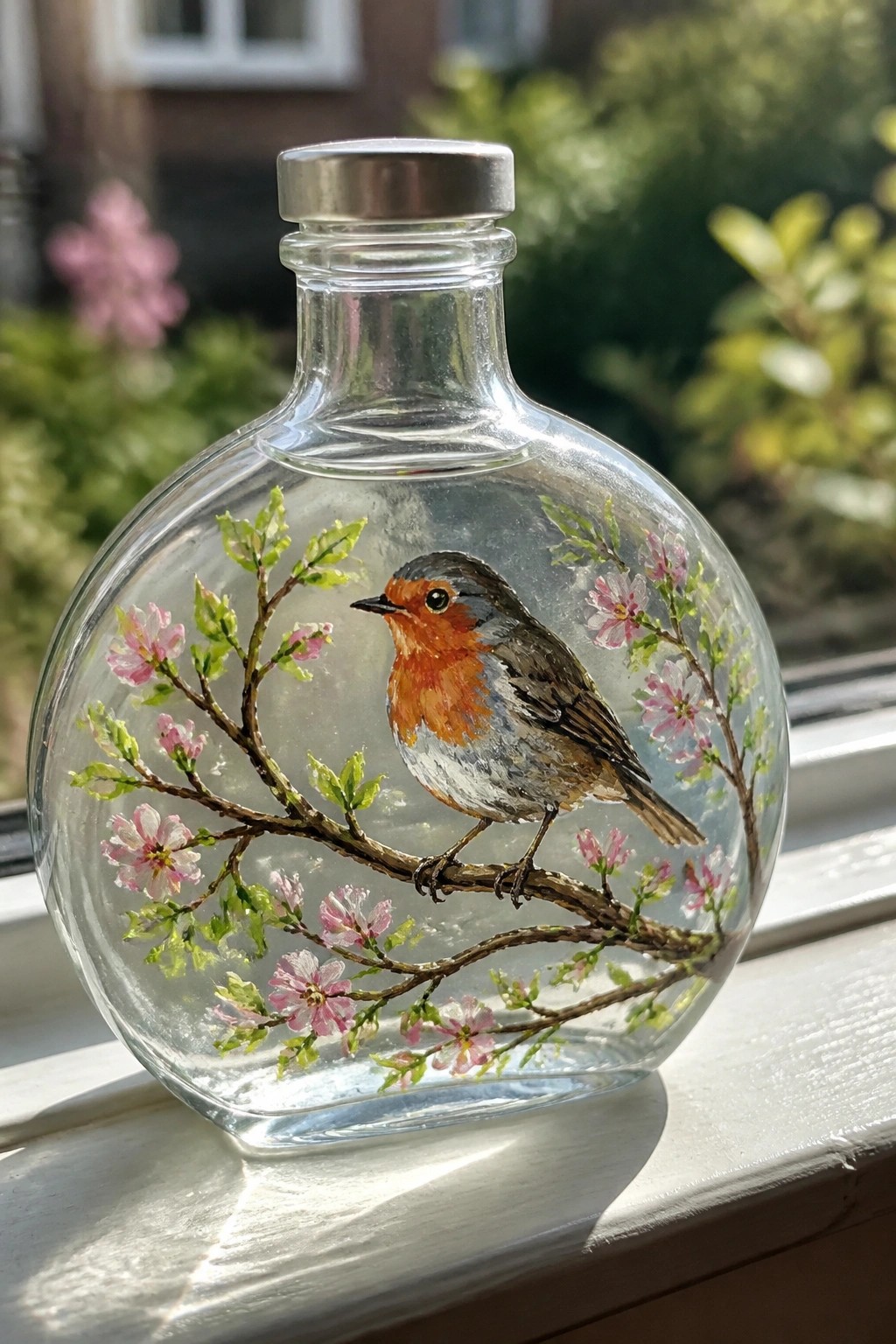 Glass bottle painted with robin on branch with pink cherry blossoms