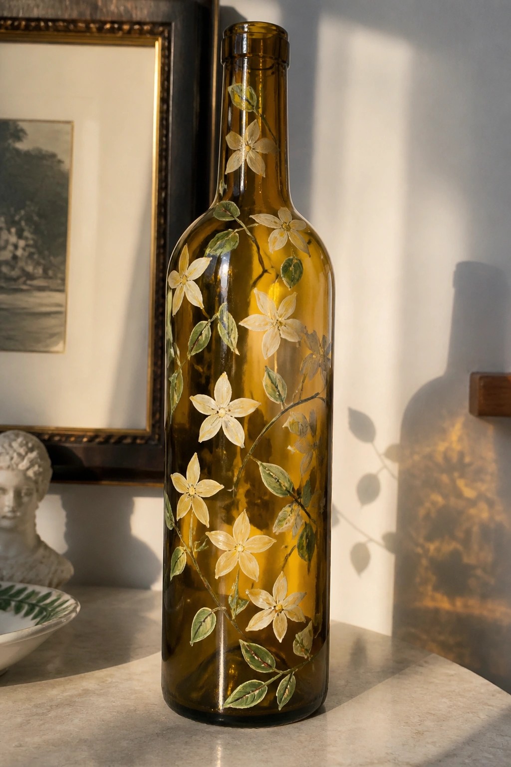 Amber glass bottle with white flowers and green leaves on marble surface