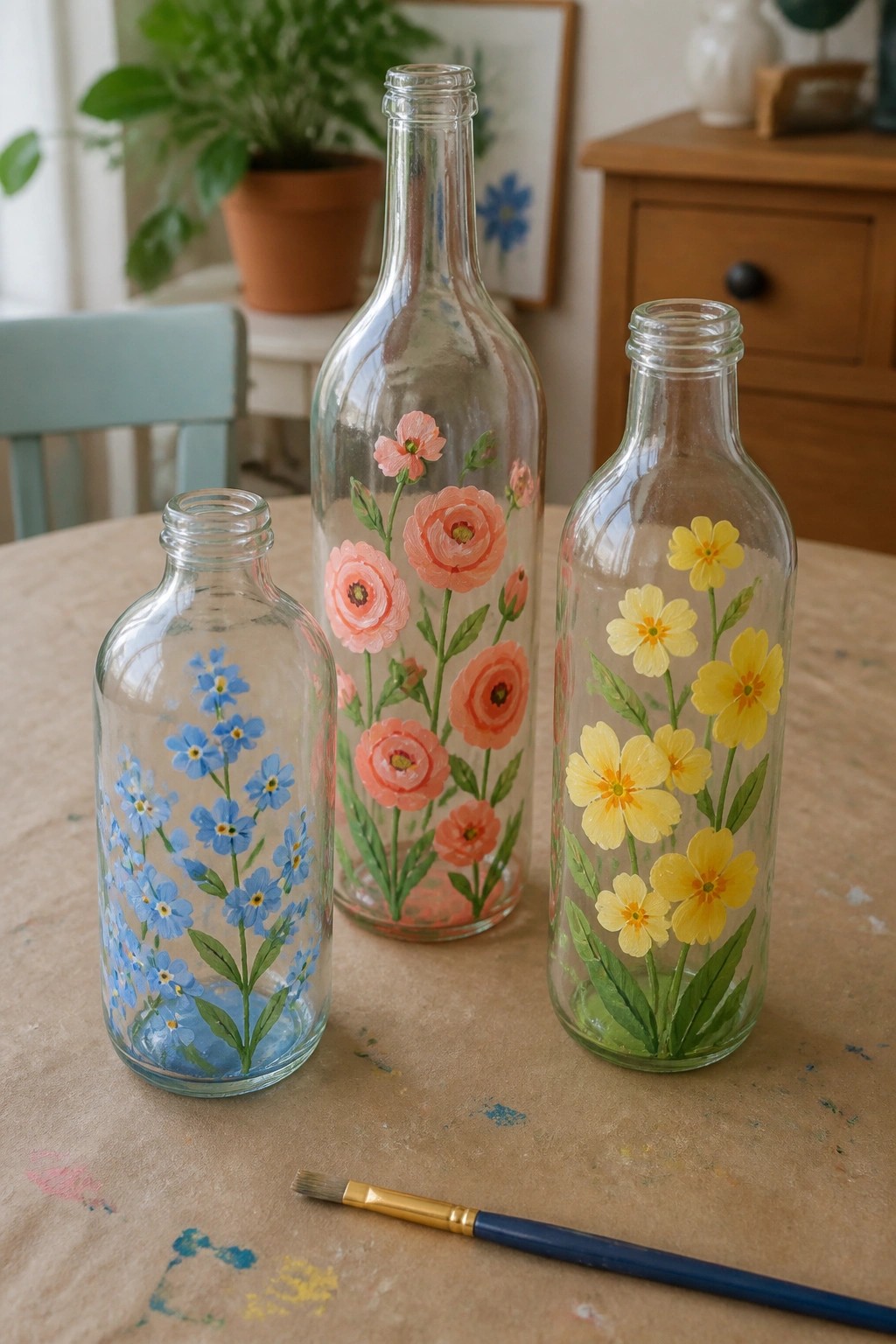 Three painted glass bottles with blue, pink, and yellow flowers beside a paintbrush