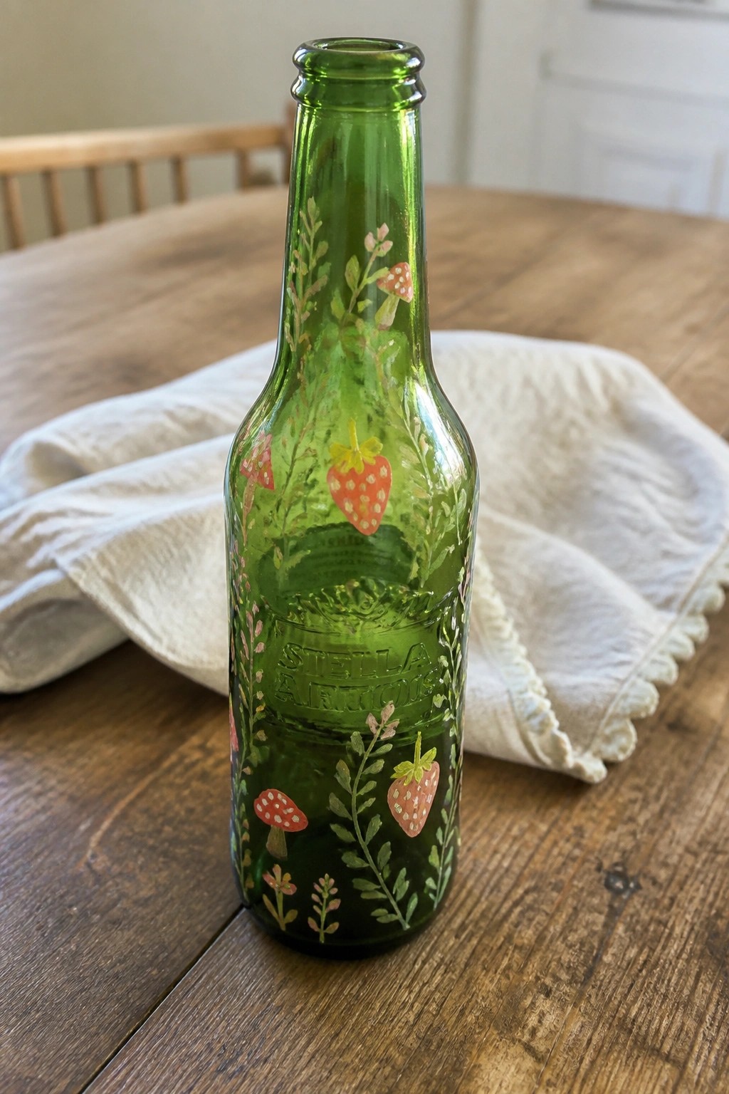 Green Stella Artois bottle hand-painted with mushrooms, strawberries, and foliage on wooden table