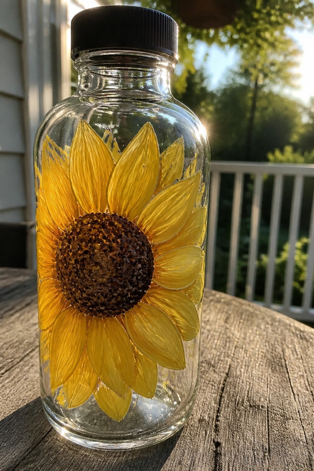 Clear glass bottle with black cap, painted yellow sunflower on wooden table outdoors