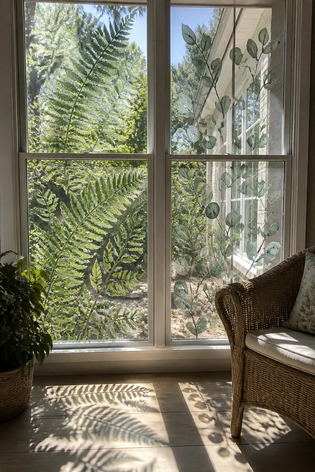 Sunlit window with fern and eucalyptus decals casting leaf shadows on floor by wicker chair