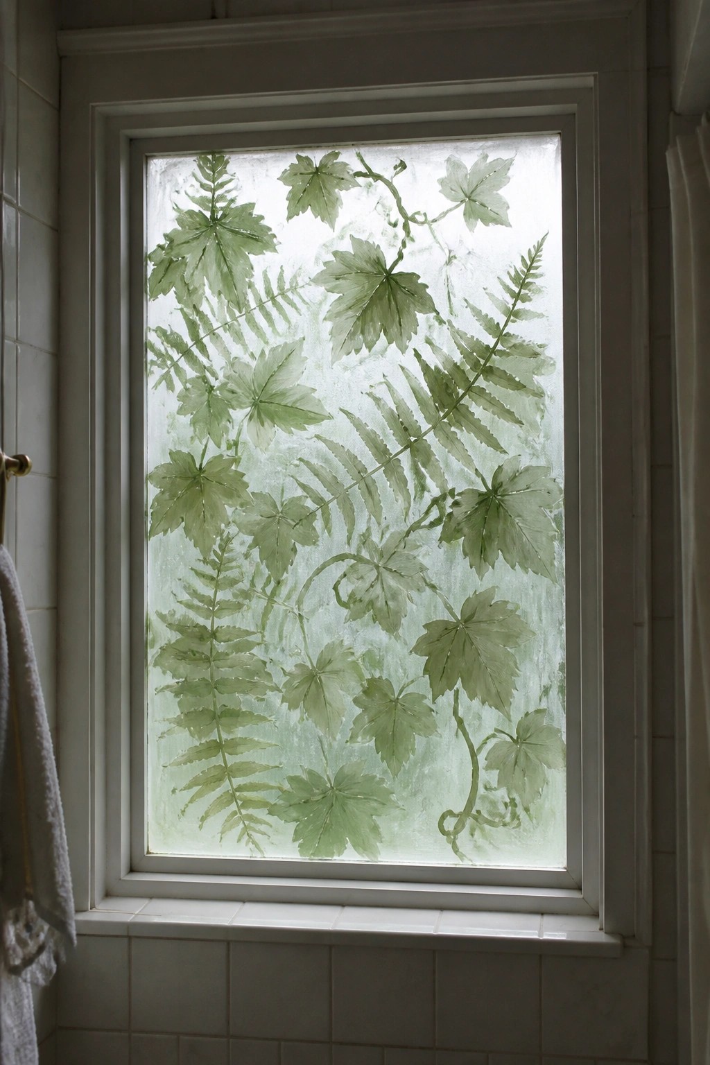 Frosted window with green etched ferns and leafy vine patterns in white frame