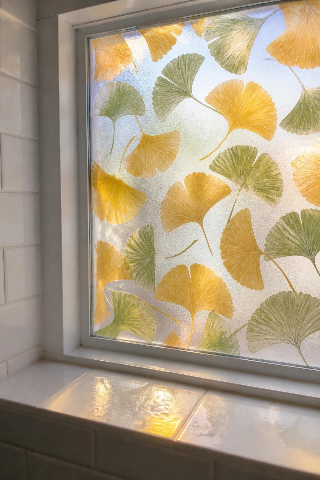 Sunlit frosted window with yellow and green ginkgo leaves above white tiled sill