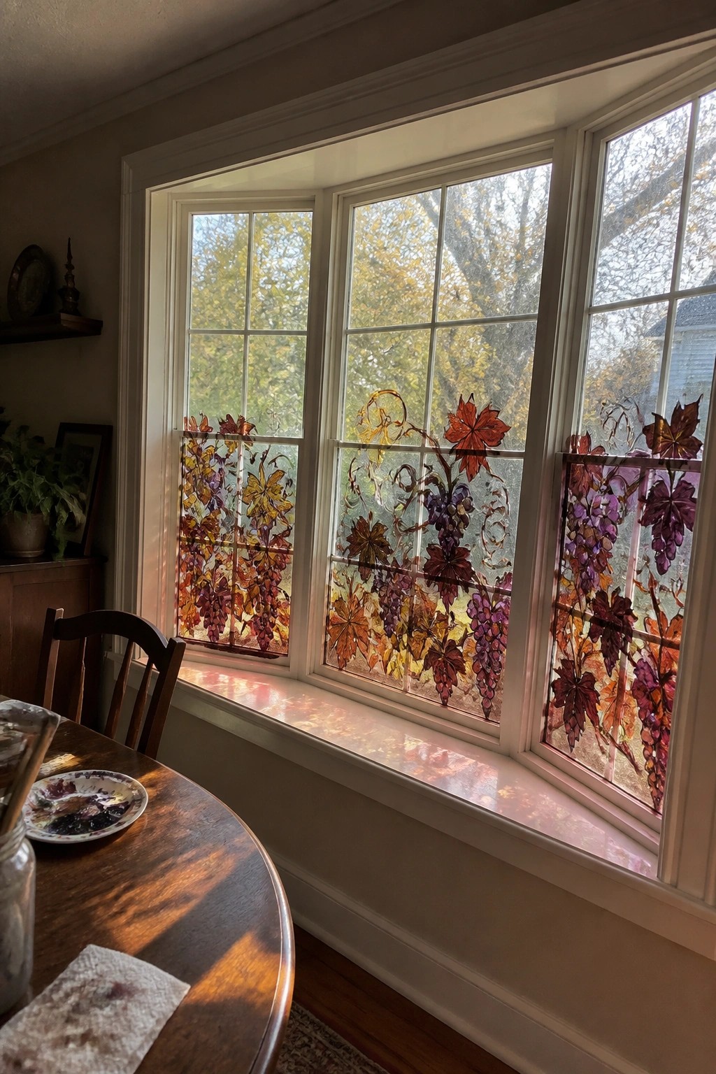 Bay window with autumn grapevine stained glass above sunlit wooden windowsill and table