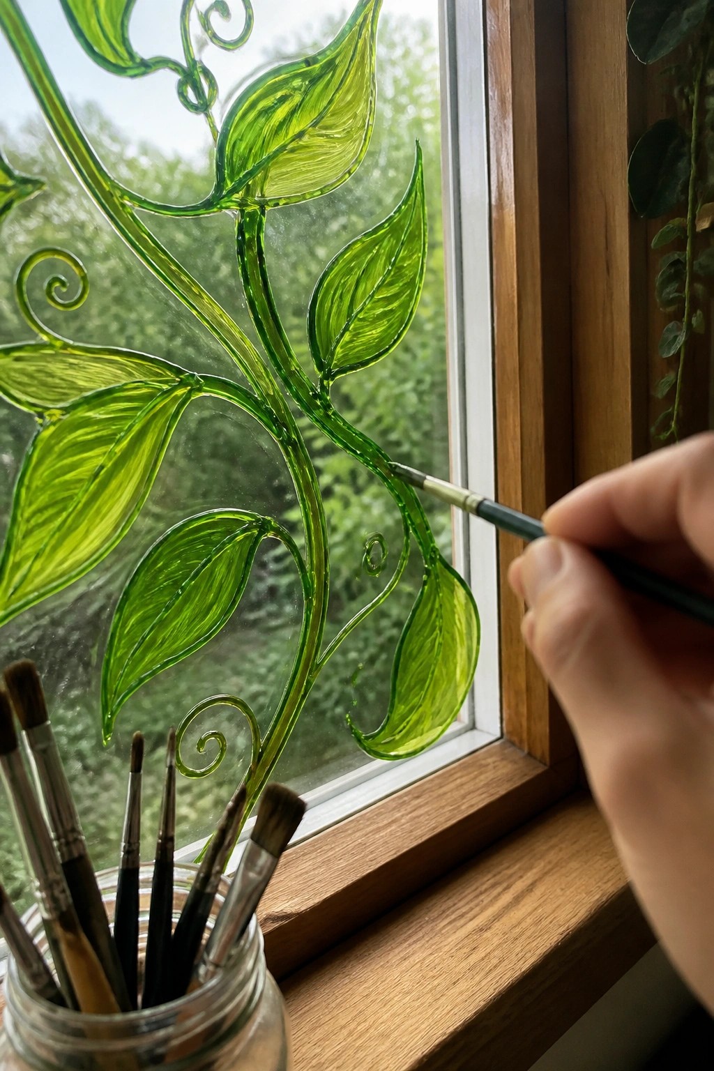 Hand painting green vine and leaf design on window glass with brushes nearby