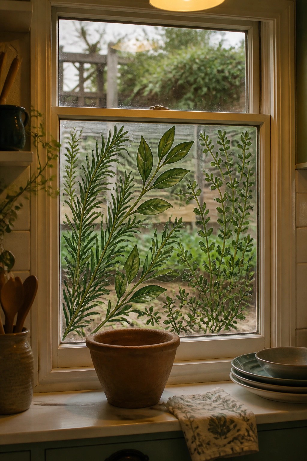 White-framed window with green plant decals, terracotta pot, plates, and cloth on sill