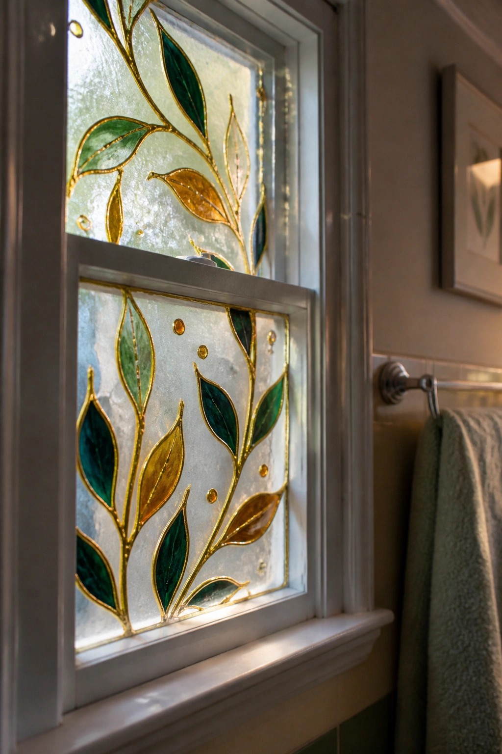Stained glass window with green and gold leaf vine design in white frame