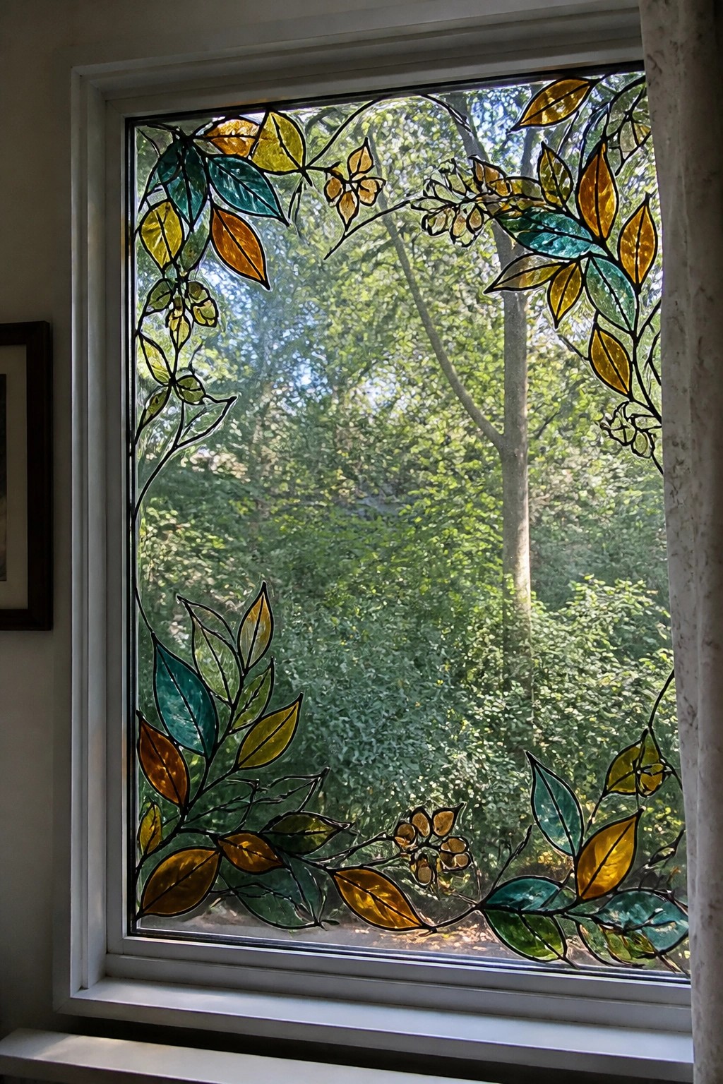 Stained glass window with vibrant leaf and vine border framing forest view