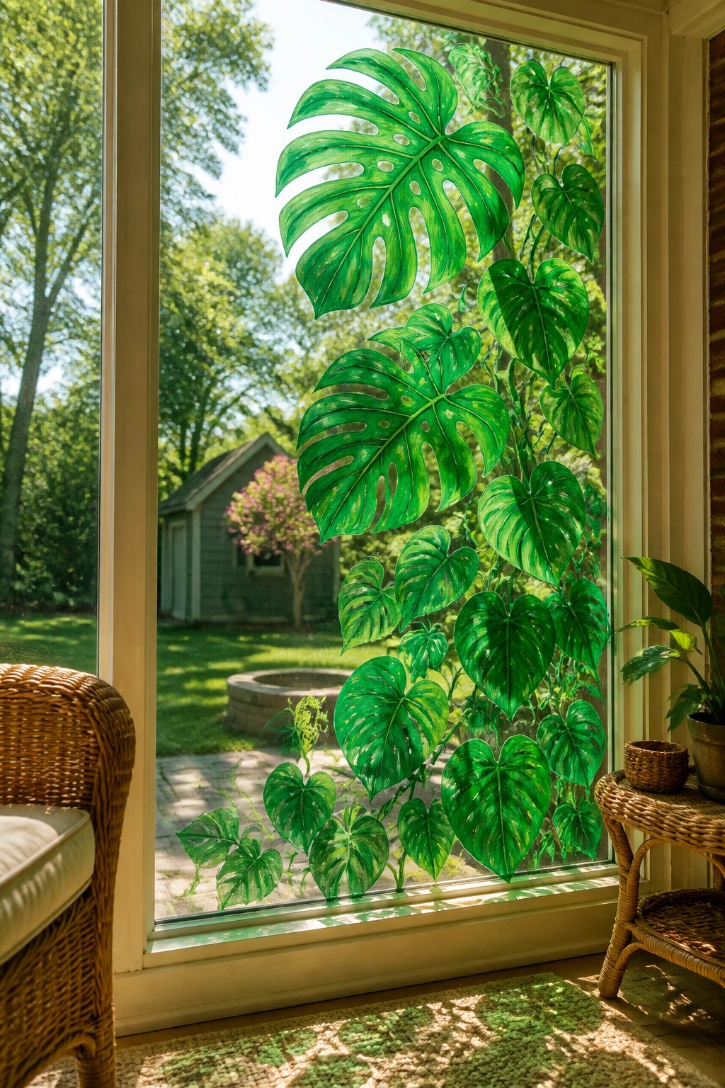 Window with vibrant green tropical leaf paintings overlooking sunny backyard