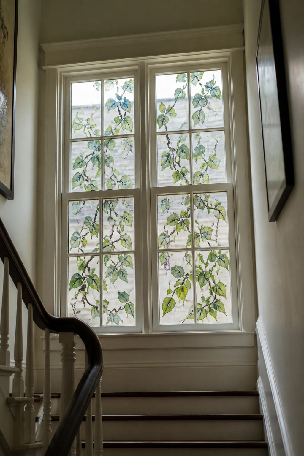 Tall multi-paned window with green vine paintings beside wooden staircase railing